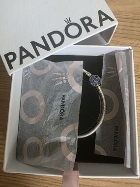 Pandora Sterling Silver 925 Snake Chain Bracelet Blue Stone Clasp